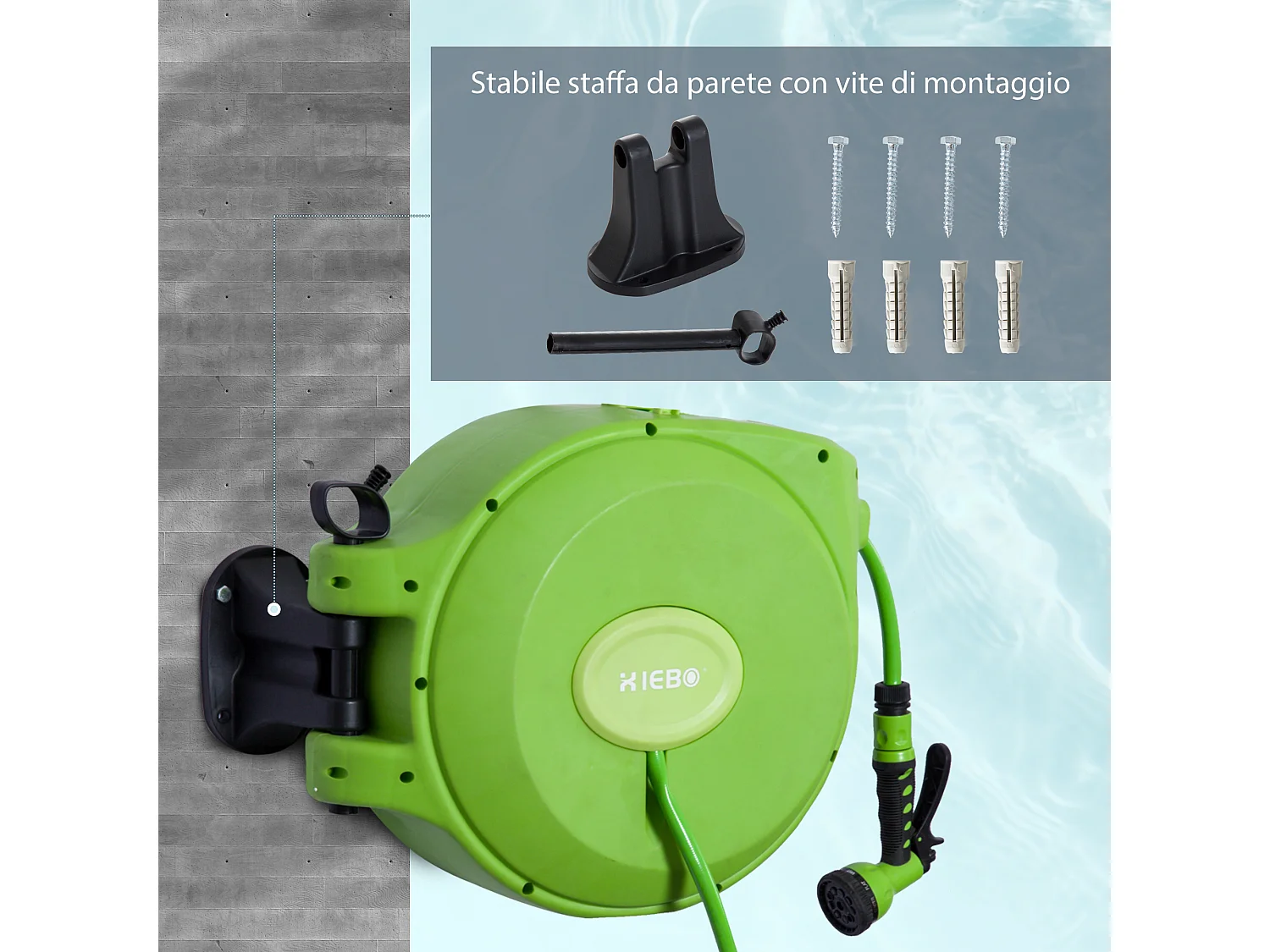 Rullo avvolgitubo automatico con ugello multifunzione da giardino 20 m