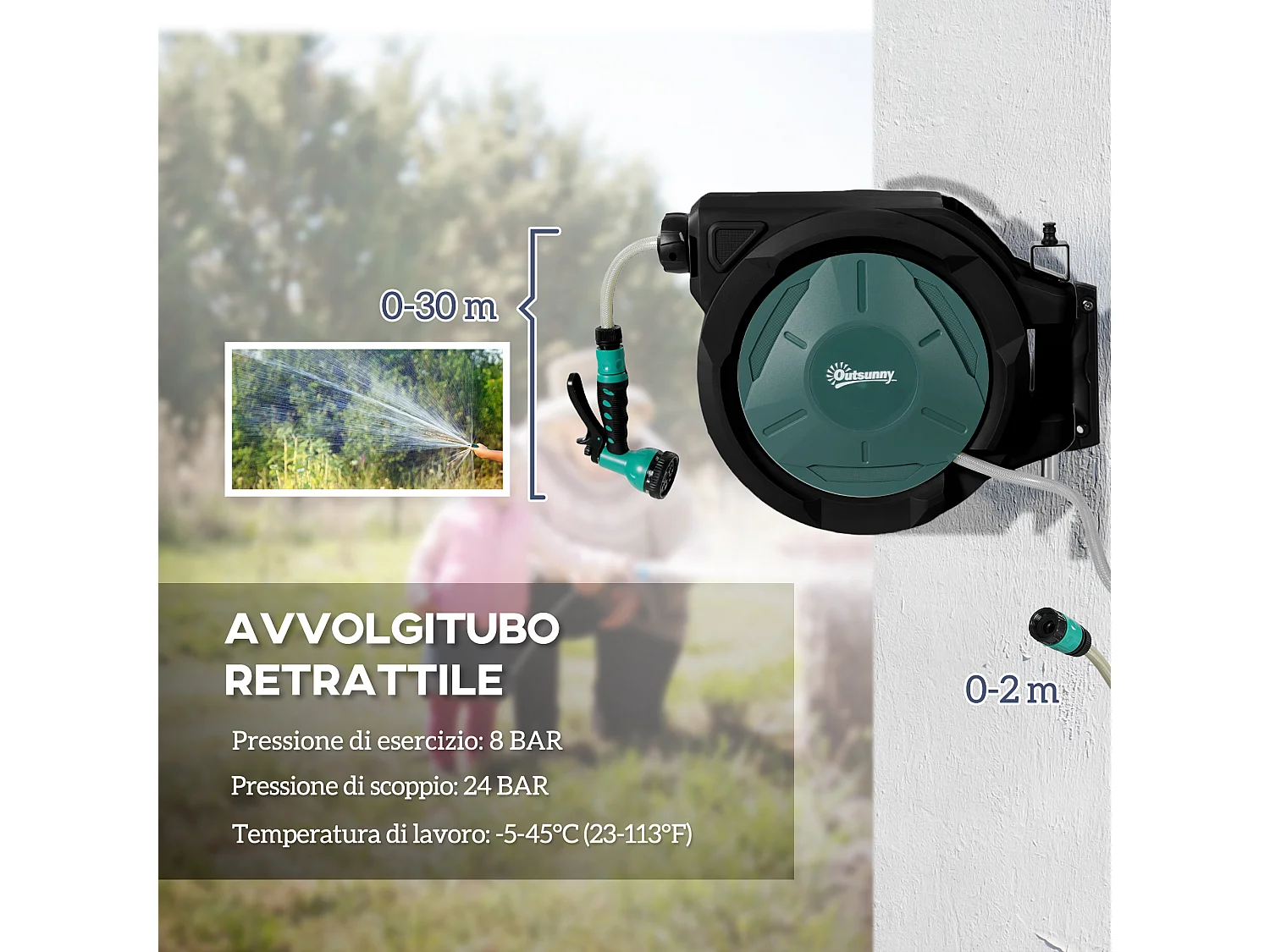Avvolgitubo da giardino tubo da 30+2m rotazione 180° nero