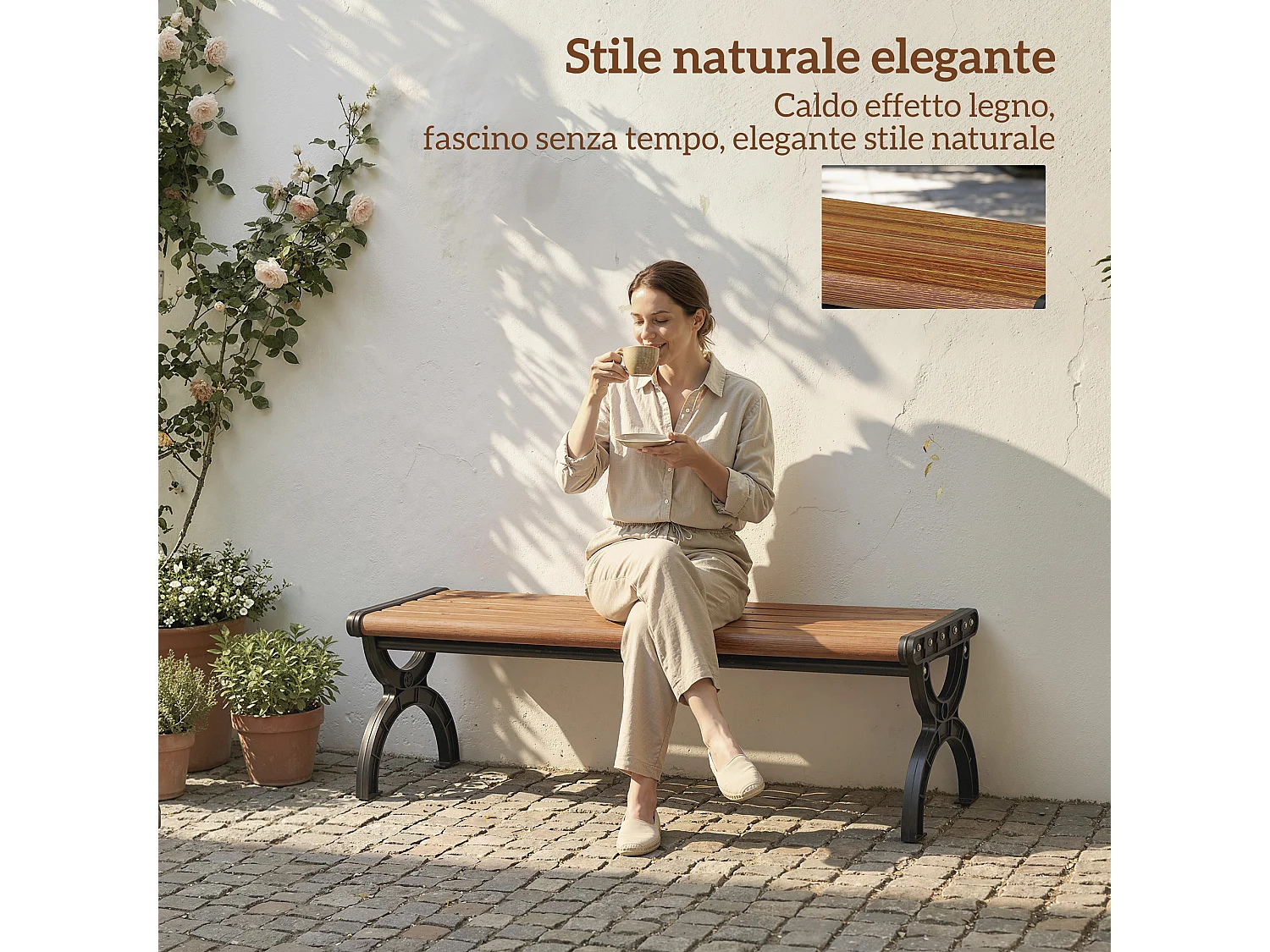 Panchina per esterno 2 posti in metallo color legno nero