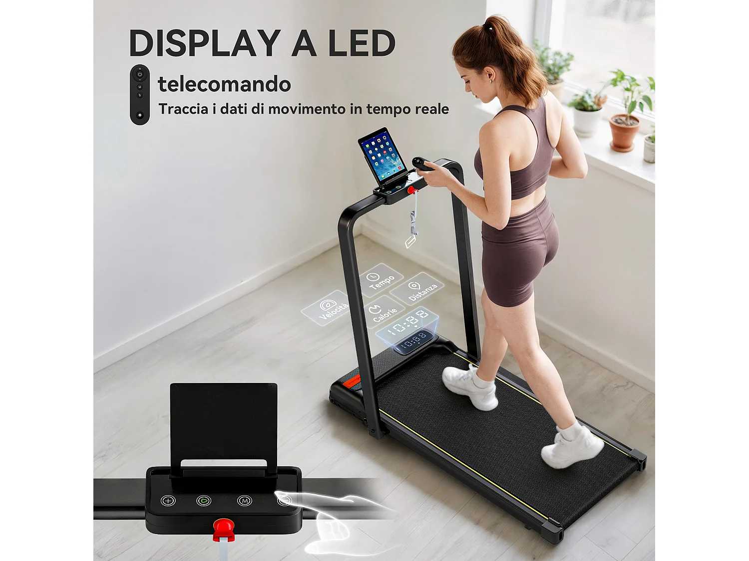 Tapis roulant elettrico pieghevole con inclinazione e display nero