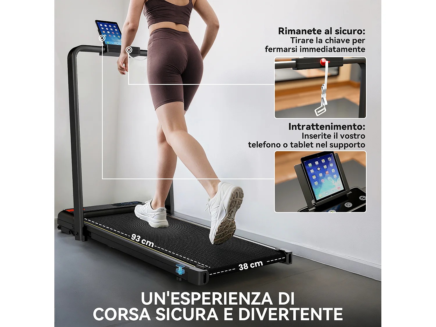 Tapis roulant elettrico pieghevole con inclinazione e display nero