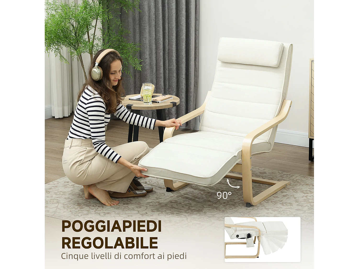 Poltrona relax riscaldante con poggiapiedi regolabile crema e legno