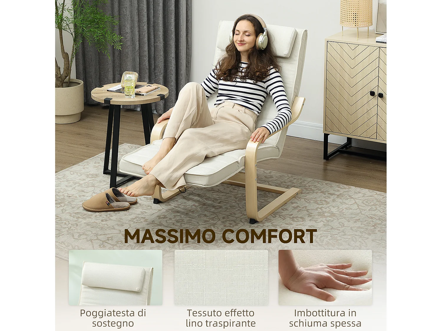 Poltrona relax riscaldante con poggiapiedi regolabile crema e legno