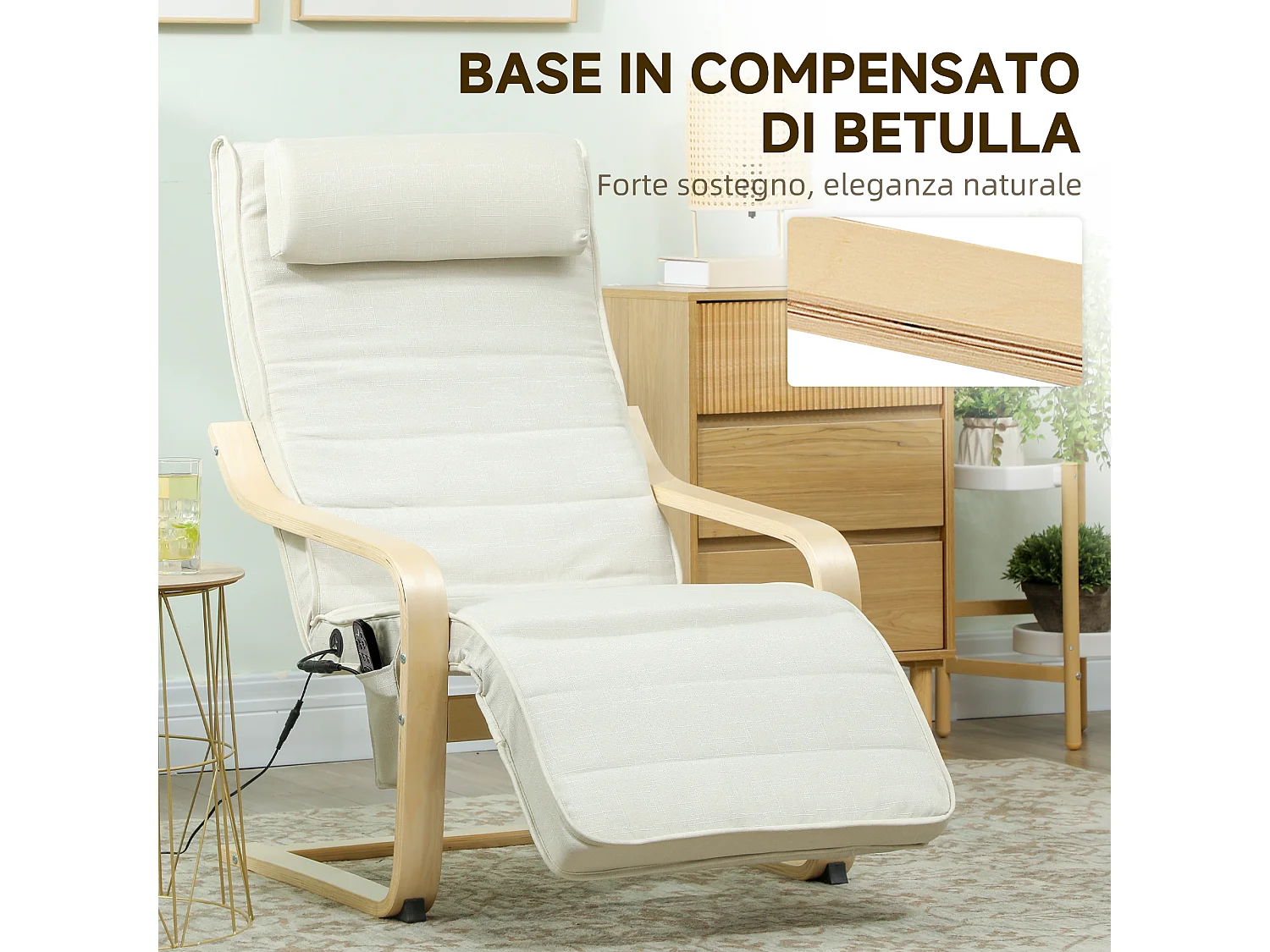 Poltrona relax riscaldante con poggiapiedi regolabile crema e legno