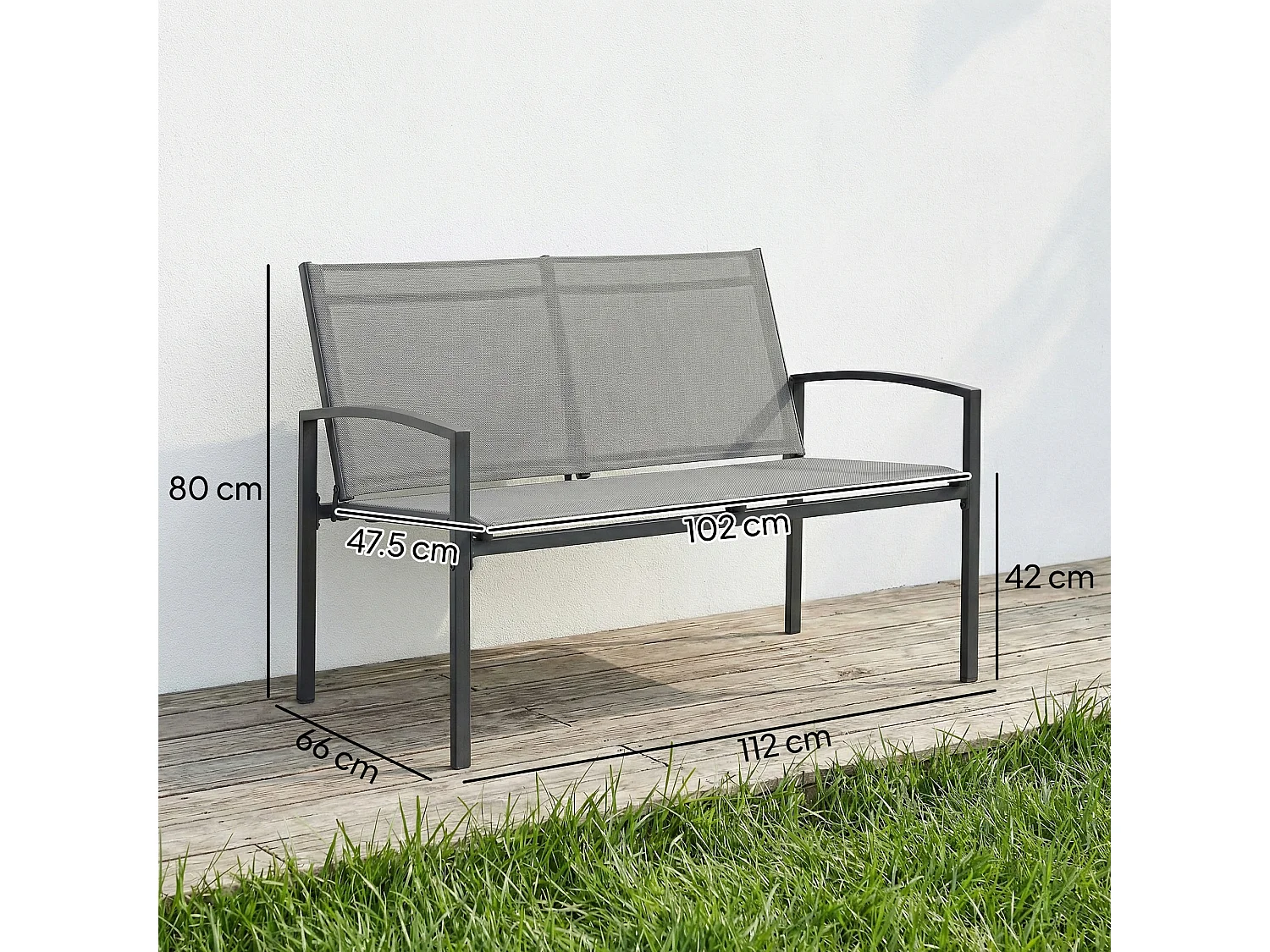 Panca da giardino 2 posti in metallo texteline grigio