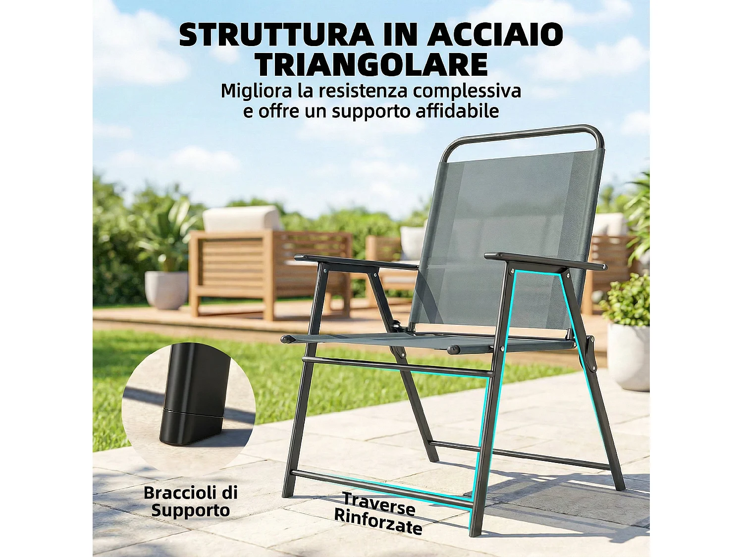Set di sedie da giardino pieghevoli in rete grigio
