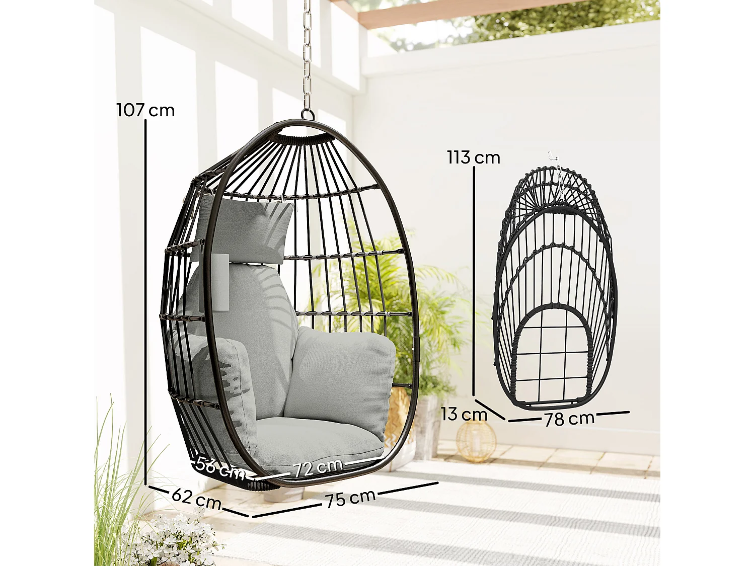 Poltrona sospesa a uovo con cuscino e poggiatesta 75x62x107 cm grigio