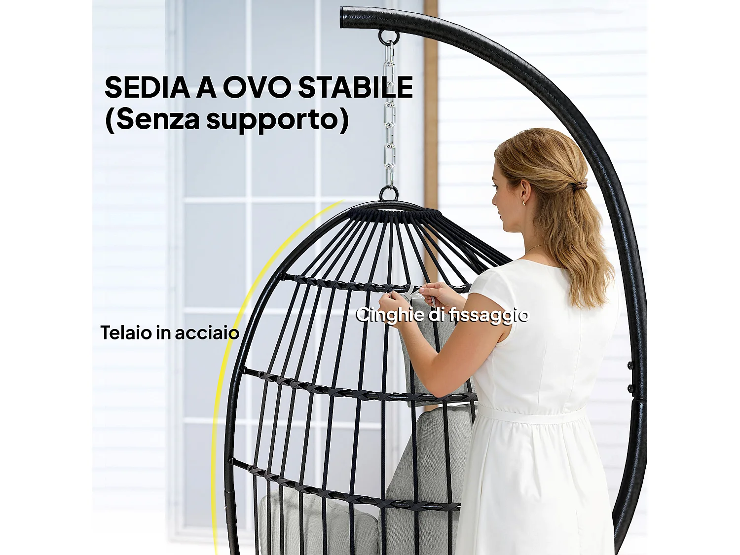 Poltrona sospesa a uovo con cuscino e poggiatesta 75x62x107 cm grigio