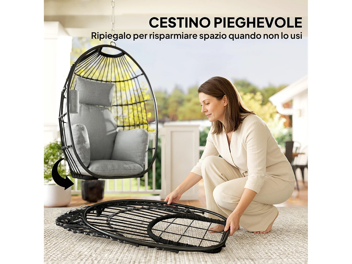 Poltrona sospesa a uovo con cuscino e poggiatesta 75x62x107 cm grigio