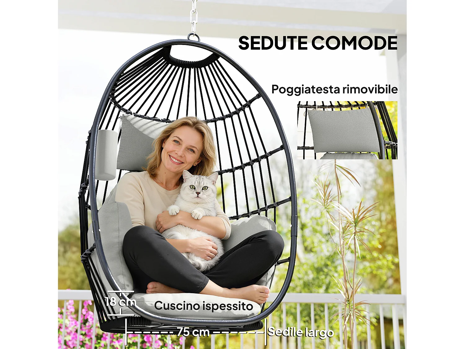 Poltrona sospesa a uovo con cuscino e poggiatesta 75x62x107 cm grigio