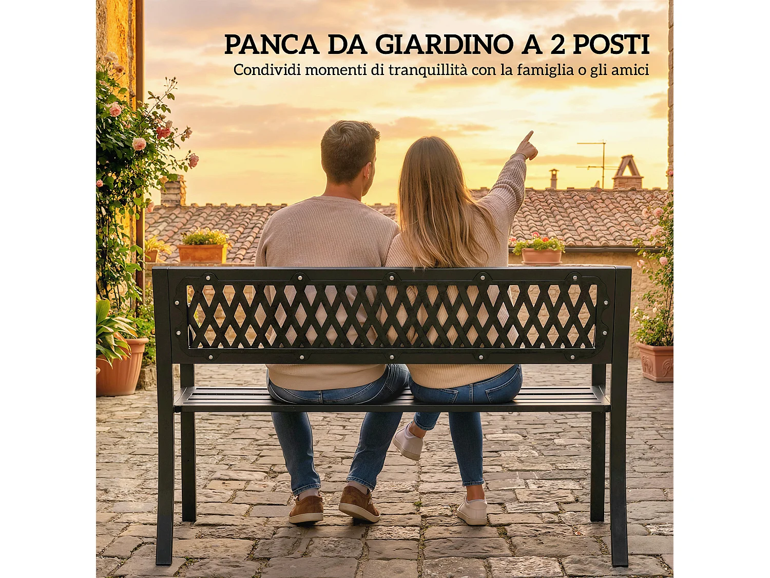 Panchina da giardino 2 posti a doghe in metallo nero