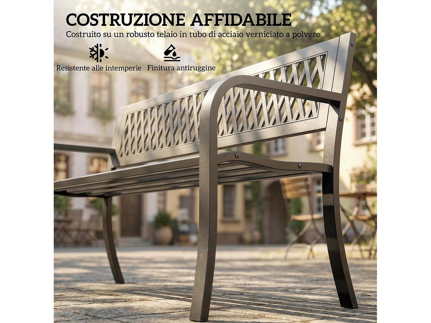 Panchina da giardino 2 posti a doghe in metallo nero