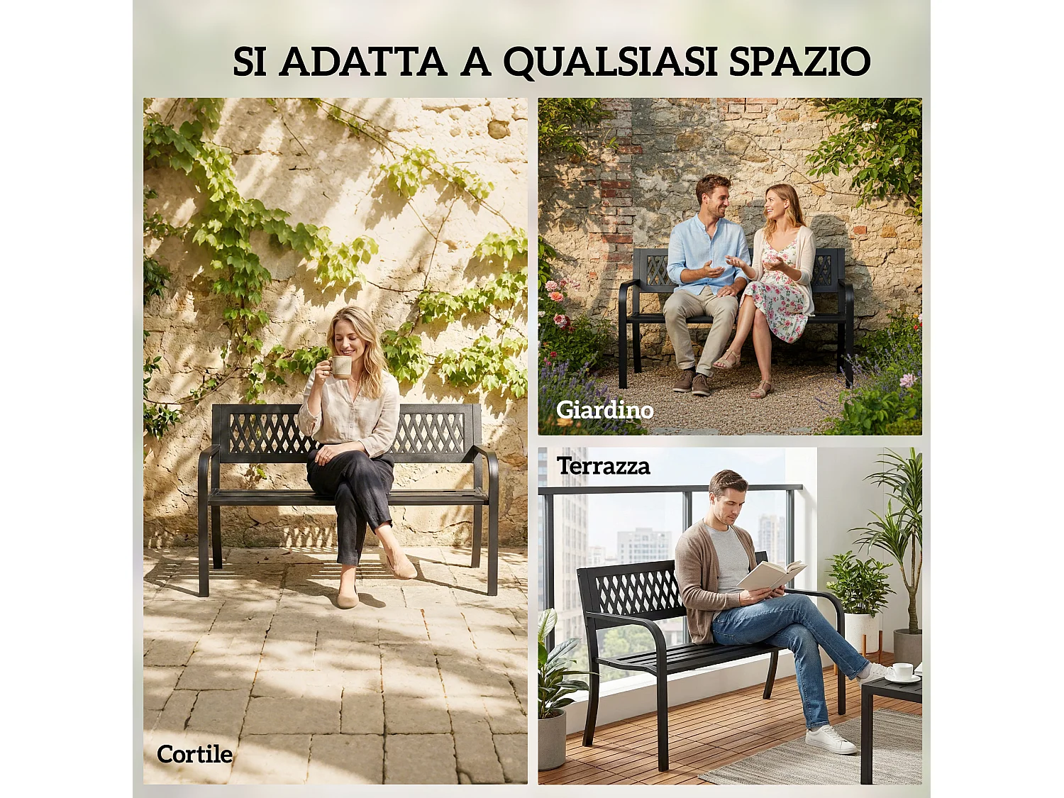 Panchina da giardino 2 posti a doghe in metallo nero