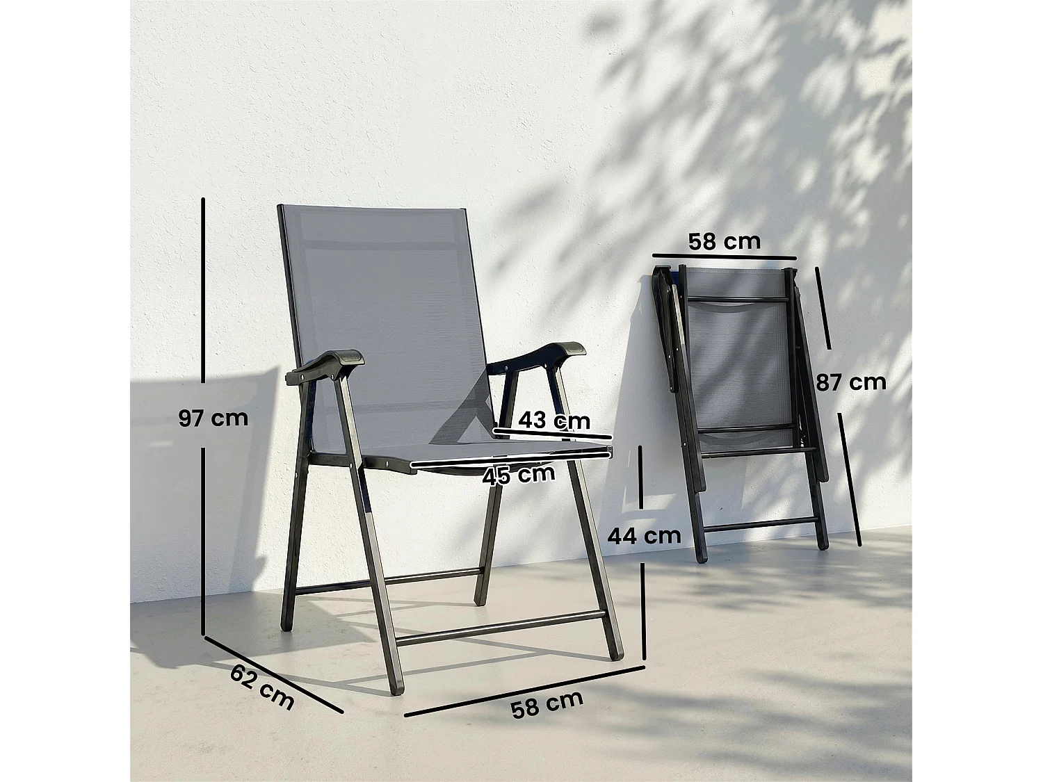 Set 2 sedie giardino pieghevoli metallo texteline grigio chiaro