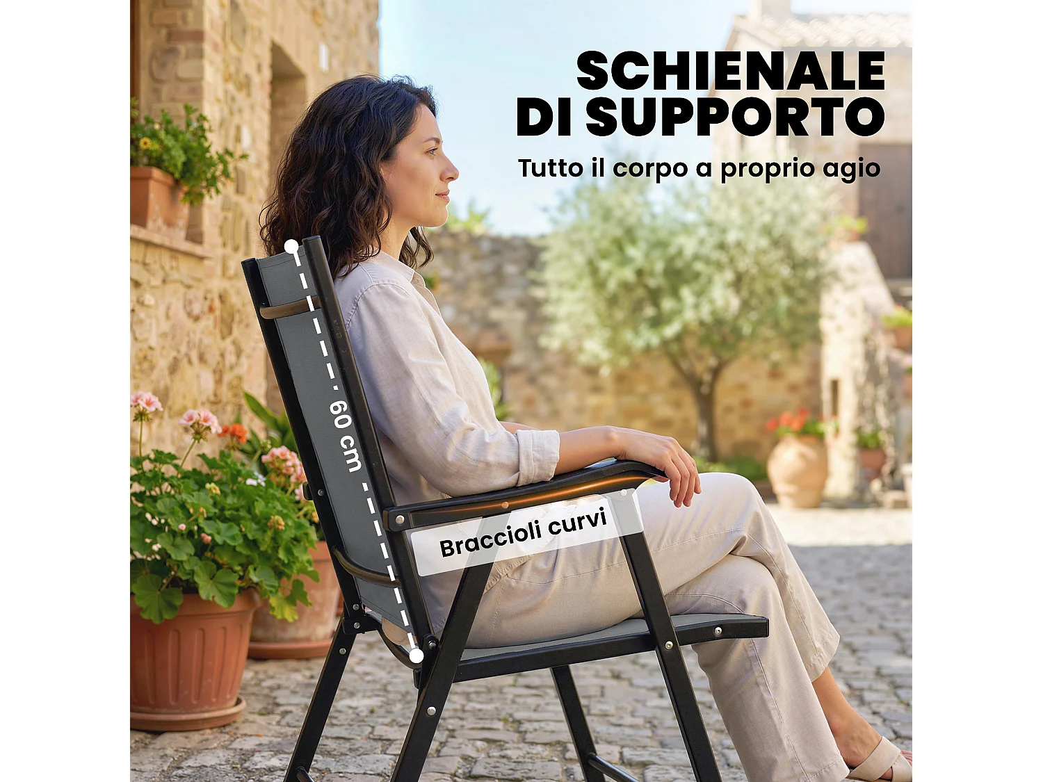 Set 2 sedie giardino pieghevoli metallo texteline grigio chiaro