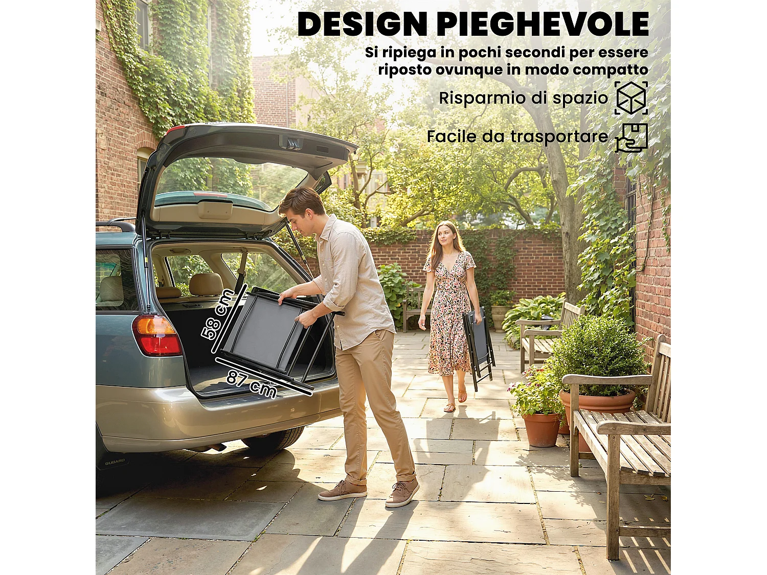 Set 2 sedie giardino pieghevoli metallo texteline grigio chiaro