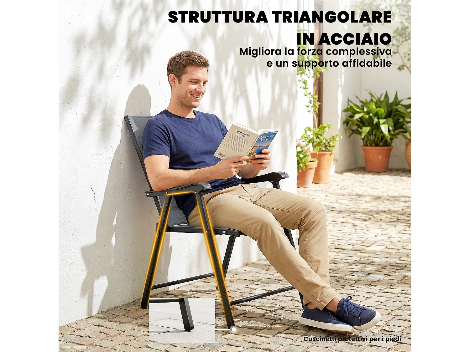 Set 2 sedie giardino pieghevoli metallo texteline grigio chiaro