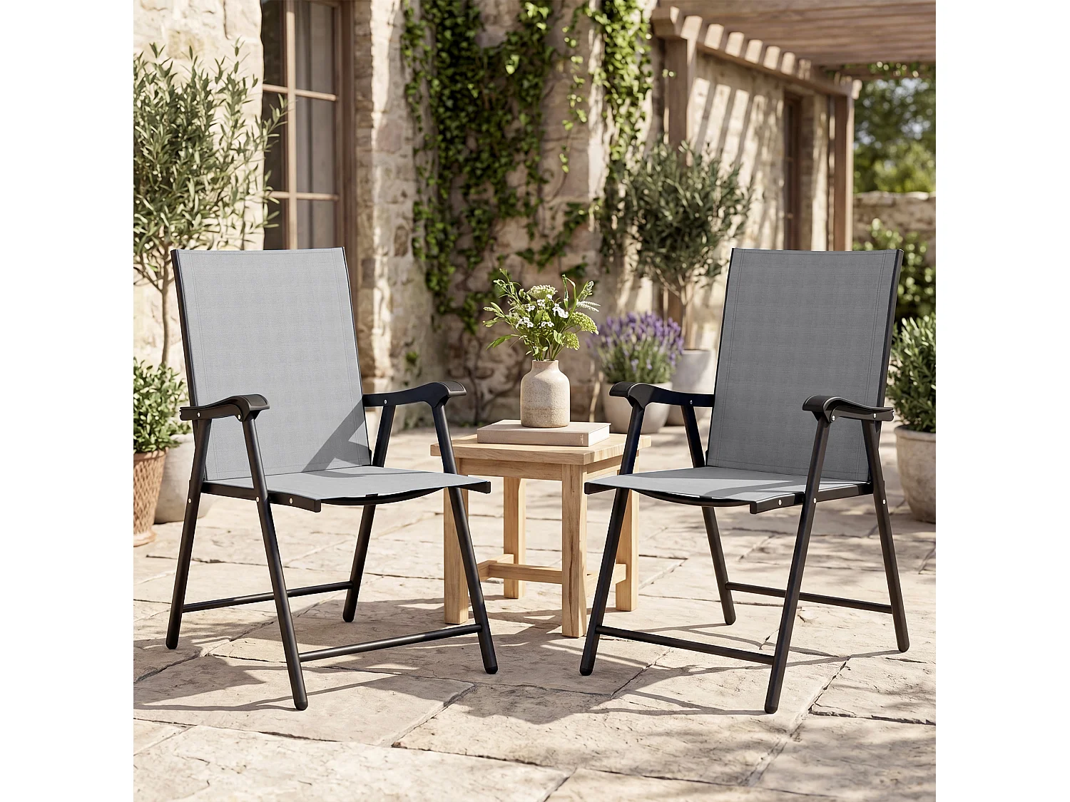 Set 2 sedie giardino pieghevoli metallo texteline grigio chiaro