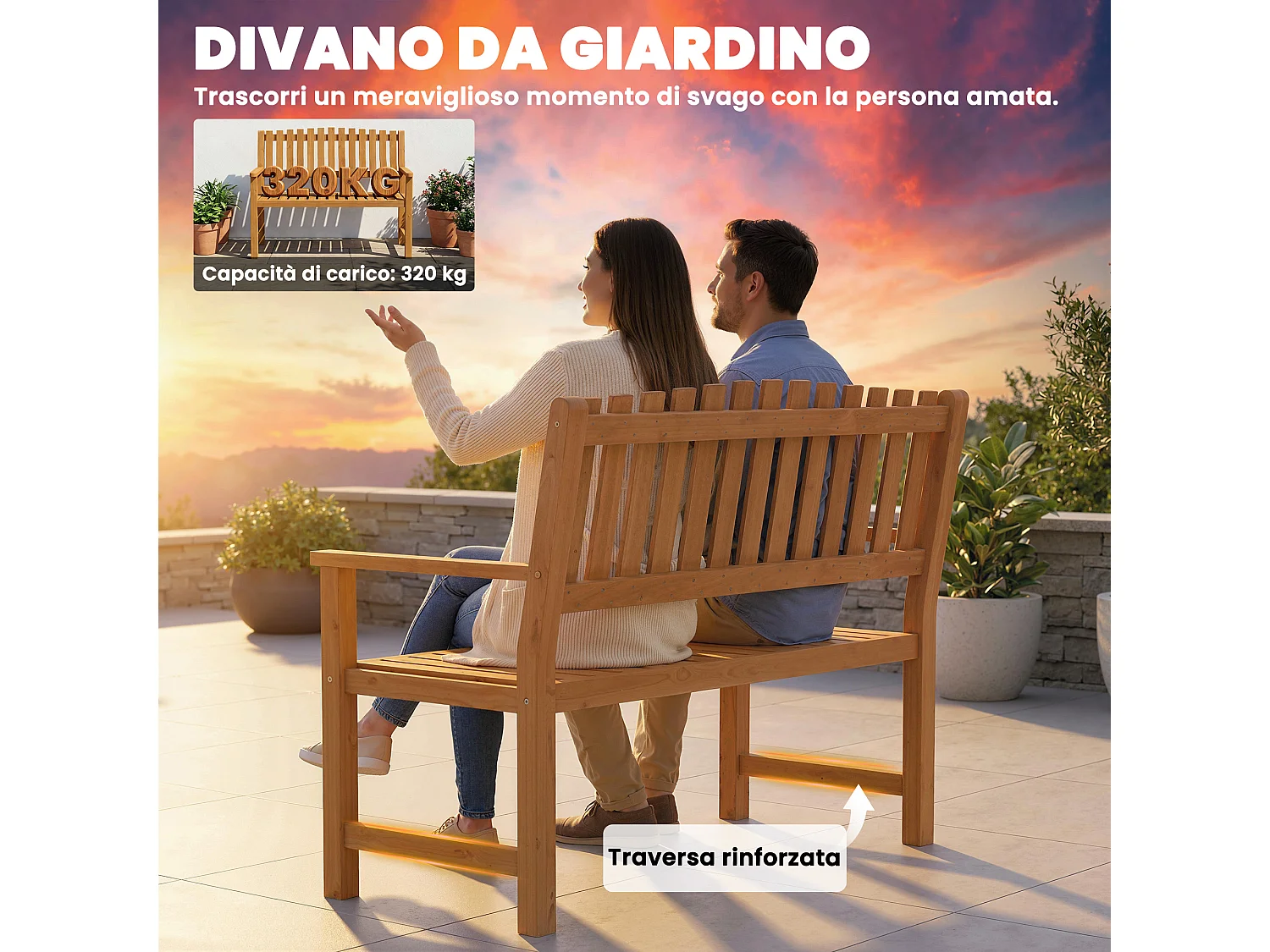 Panchina da giardino per 2 persone in legno di acacia naturale