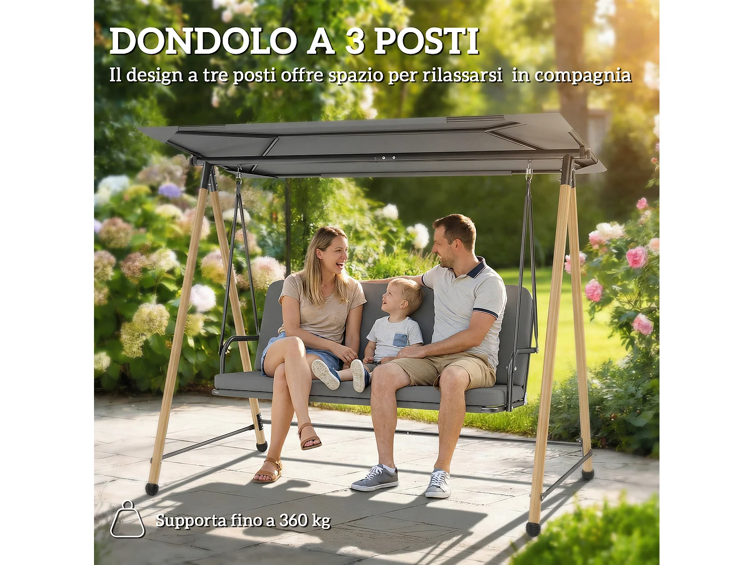 Dondolo 3 posti con tettoia regolabile e cuscino grigio