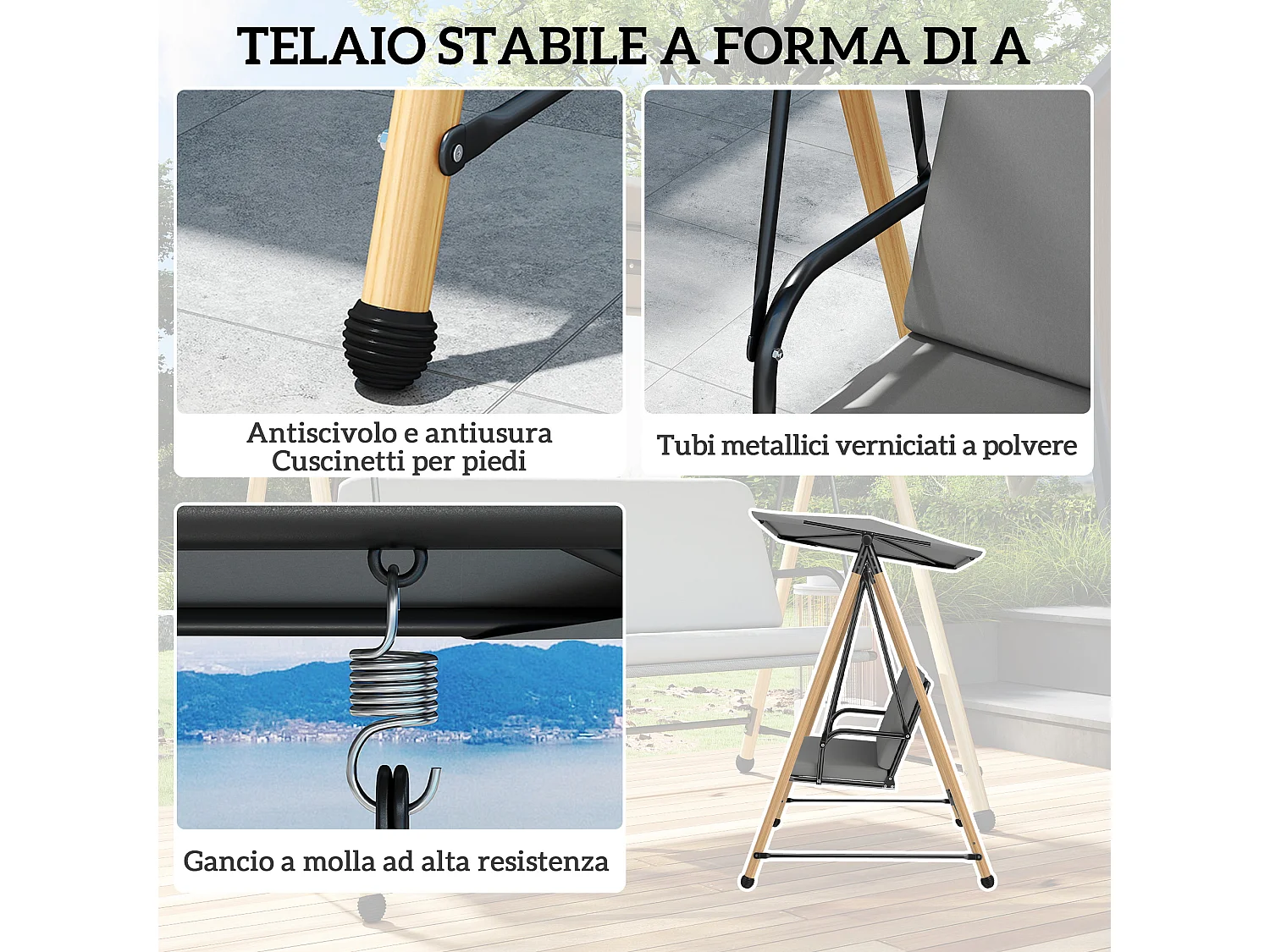 Dondolo 3 posti con tettoia regolabile e cuscino grigio