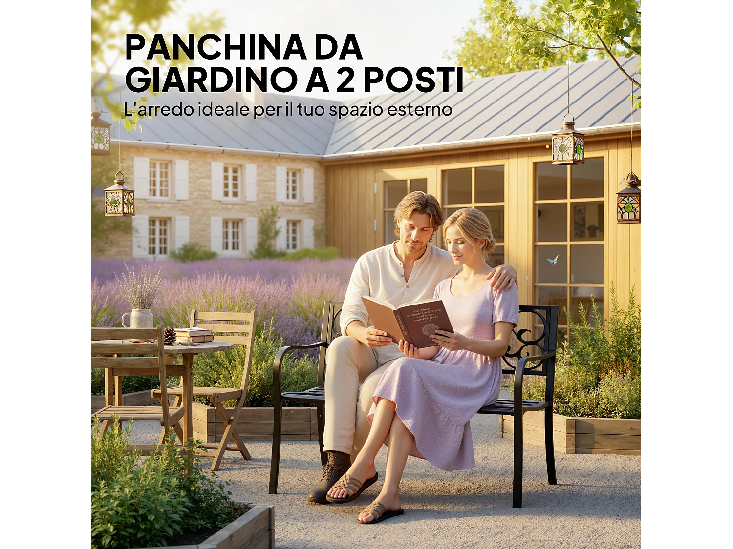 Panchina da giardino 2 posti in metallo epossidico e ghisa nero