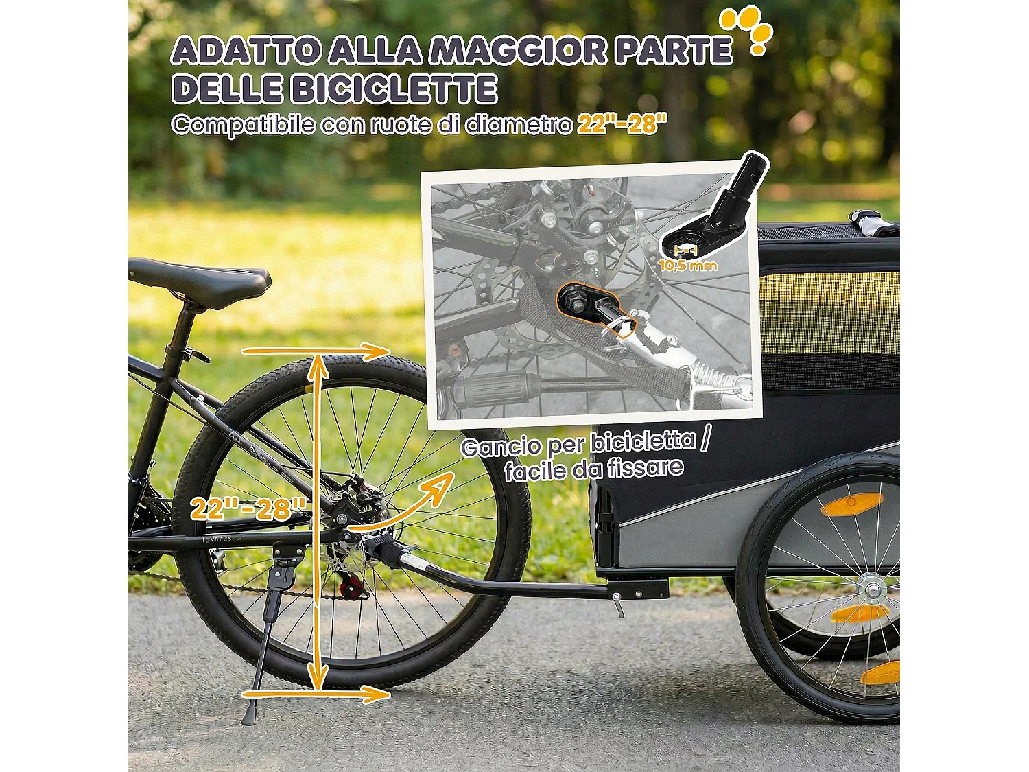 Rimorchio bici per cani taglia media con copertura sfoderabile grigio