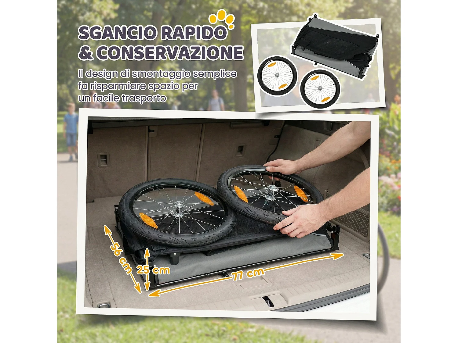 Rimorchio bici per cani taglia media con copertura sfoderabile grigio