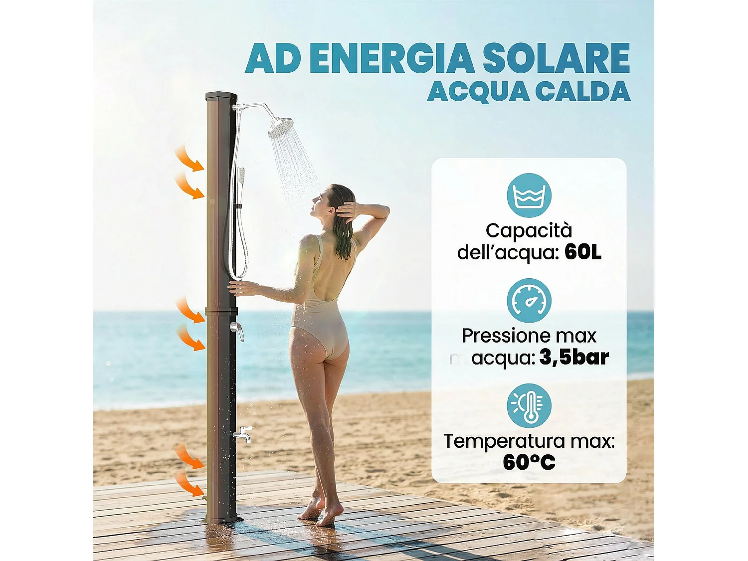 Doccia solare da esterno riscaldata in pvc nera