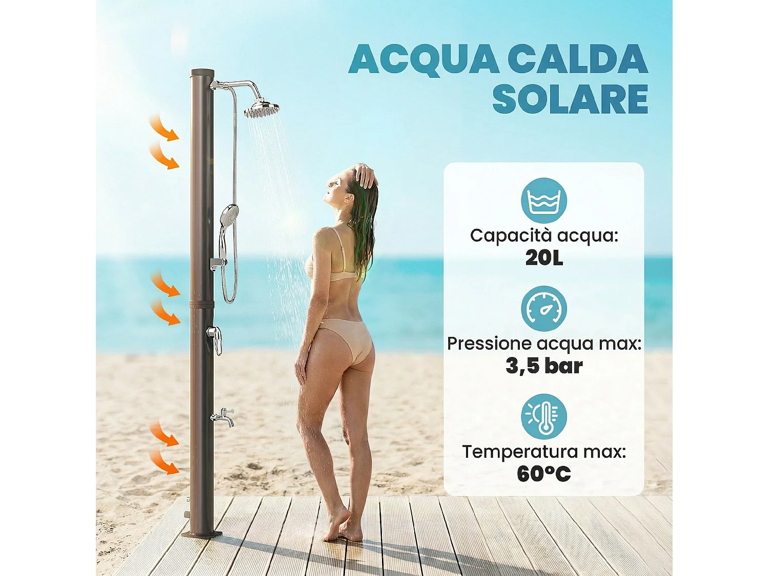 Doccia solare riscaldata con rubinetto in plastica nera