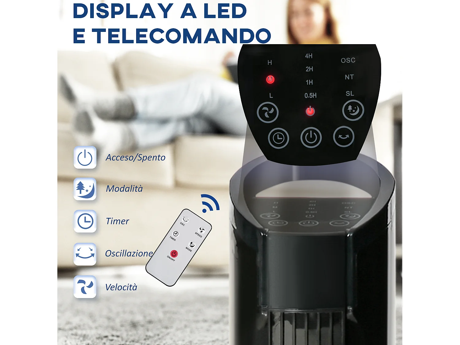 Ventilatore a torre con telecomando a 5m nero