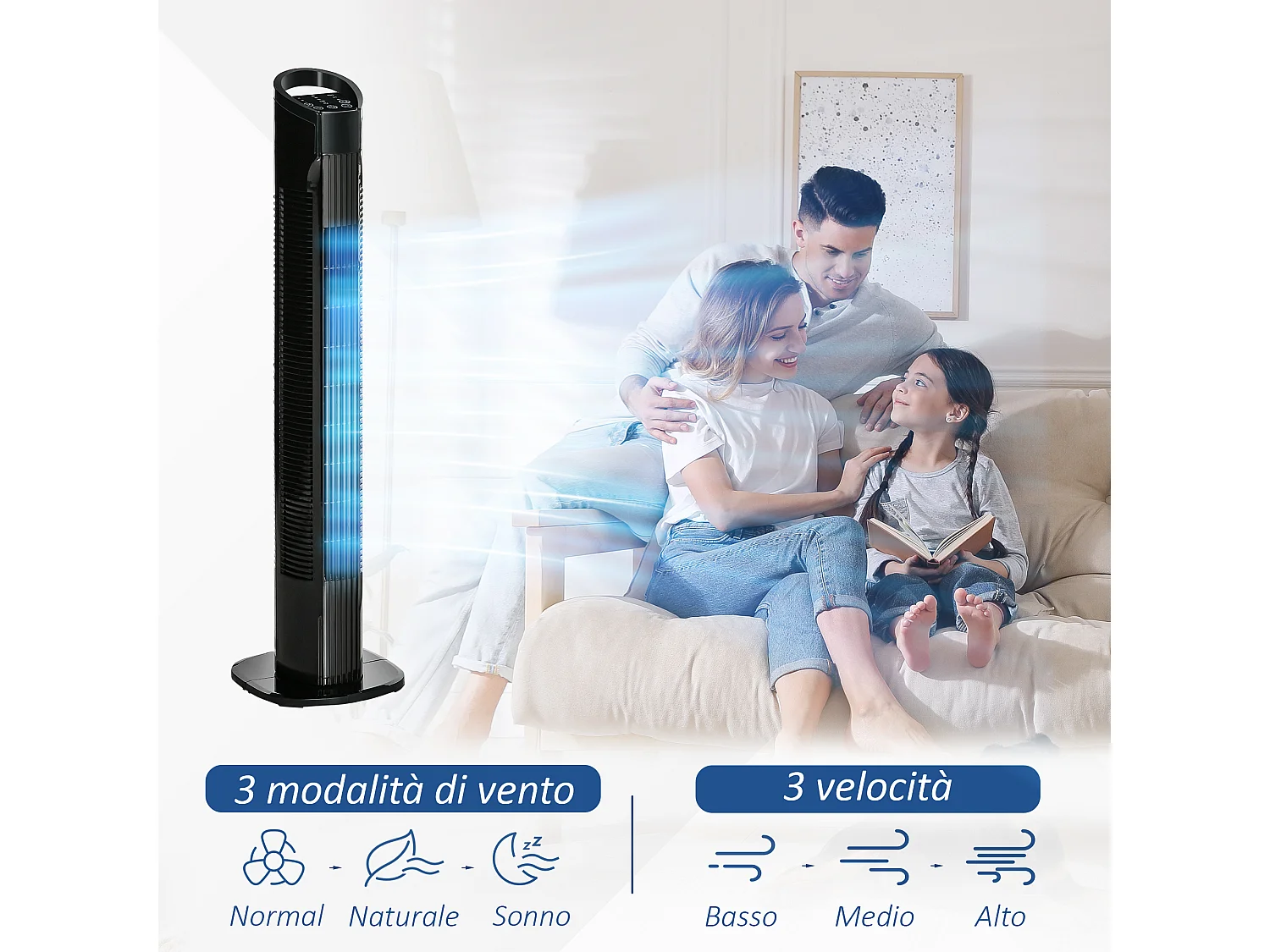 Ventilatore a torre con telecomando a 5m nero