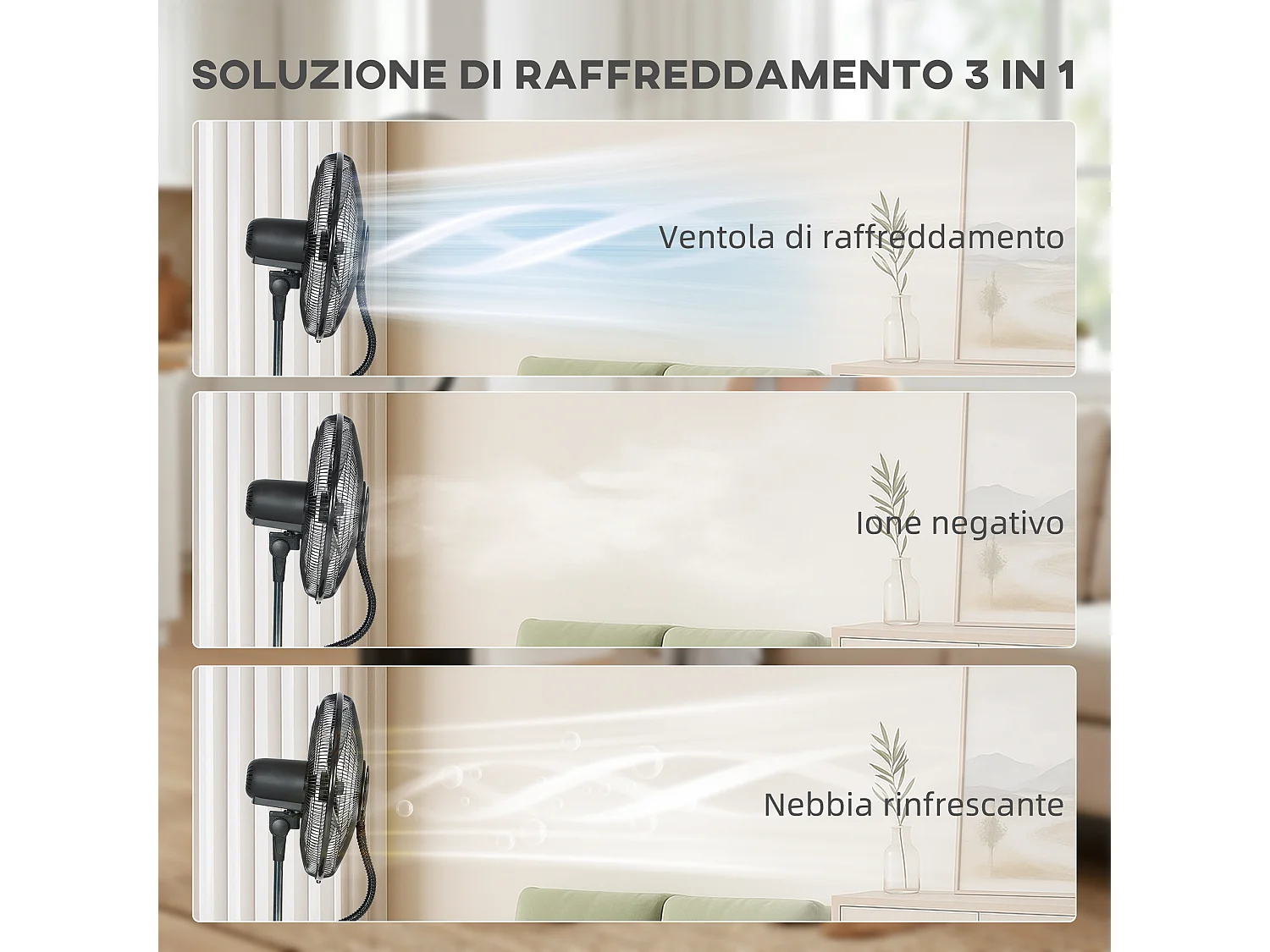 Ventilatore a piantana 3 in 1 oscillante con nebulizzatore d'acqua, telecomando e timer 9h