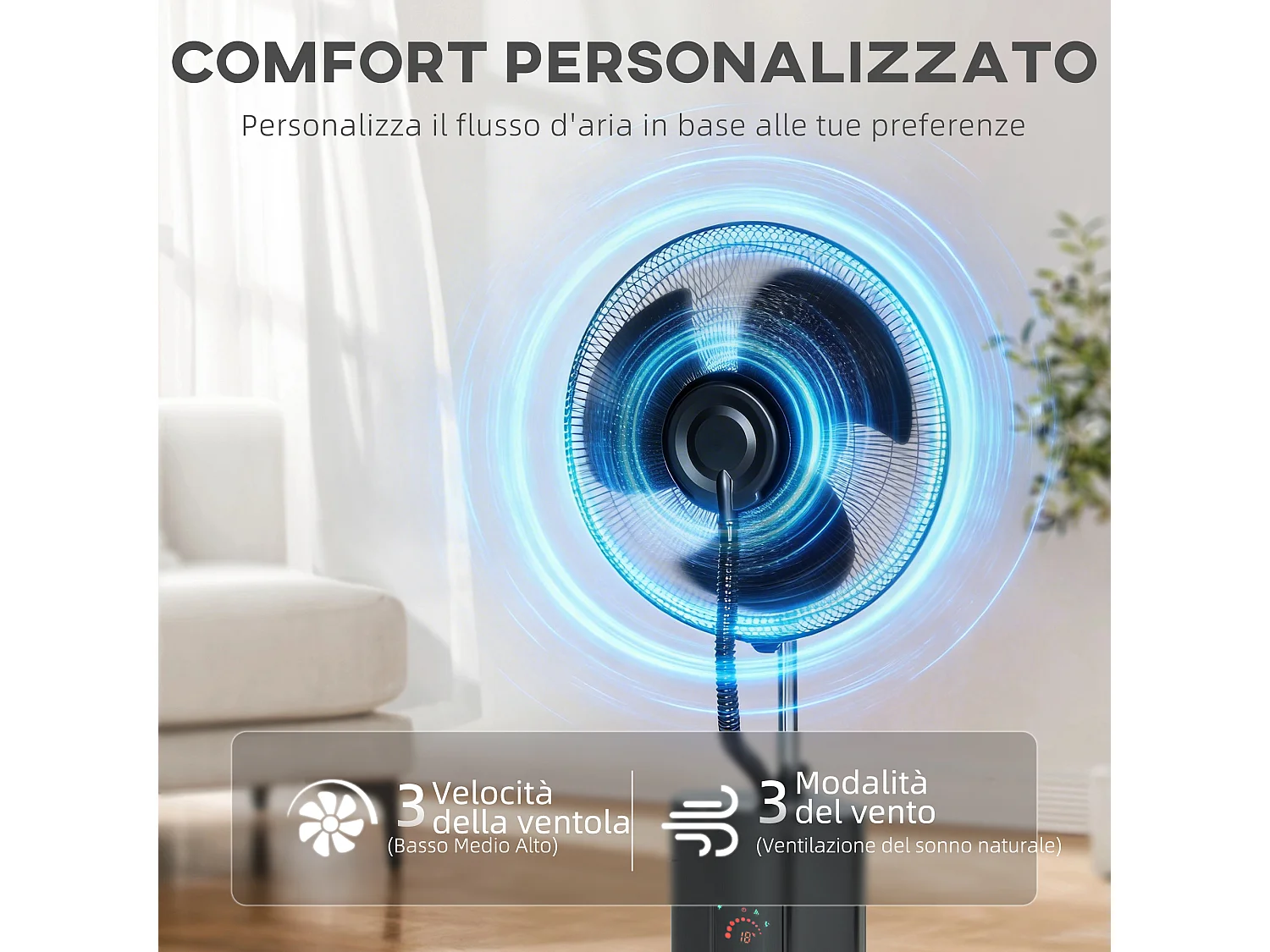 Ventilatore a piantana 3 in 1 oscillante con nebulizzatore d'acqua, telecomando e timer 9h