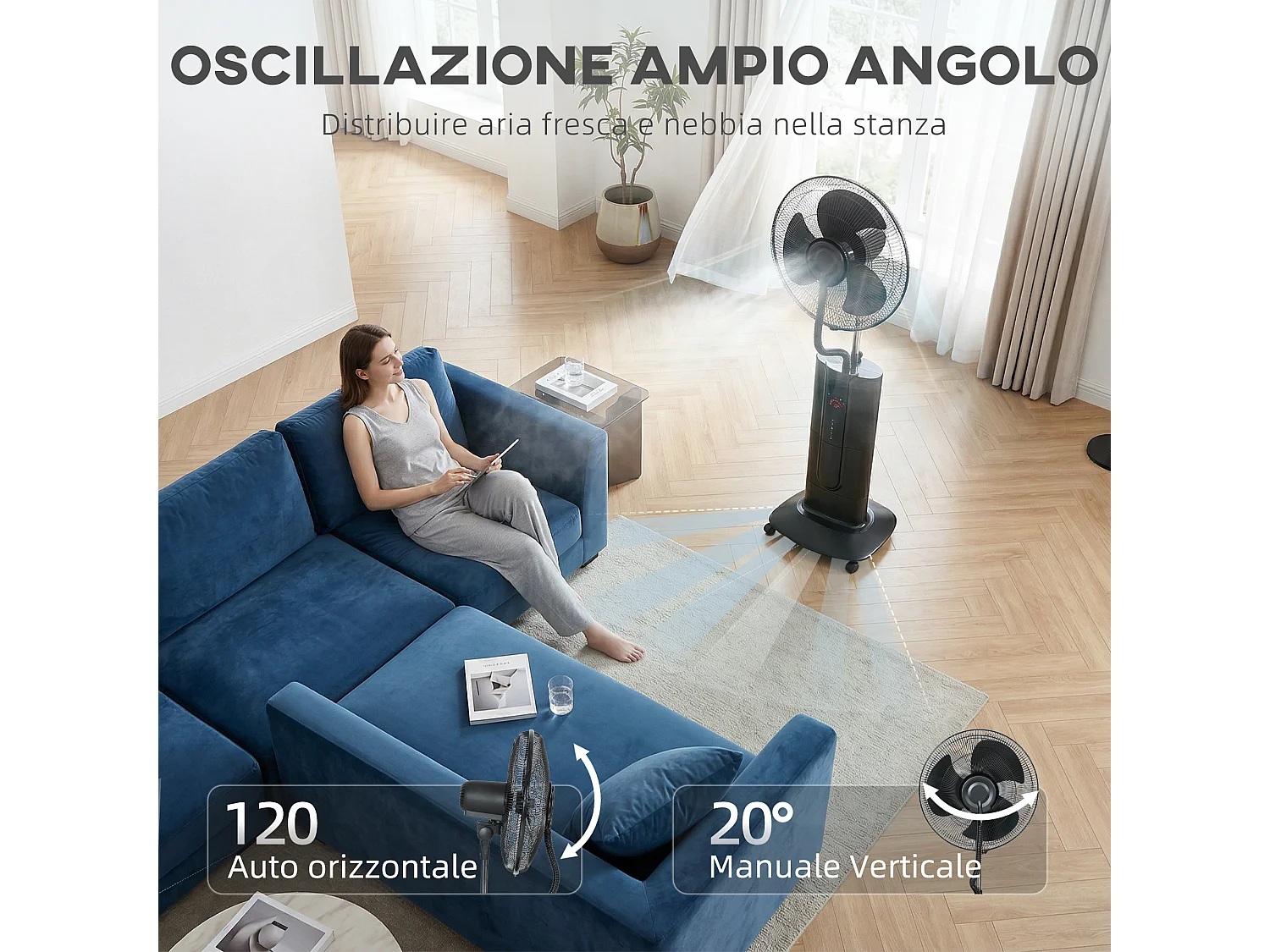 Ventilatore a piantana 3 in 1 oscillante con nebulizzatore d'acqua, telecomando e timer 9h