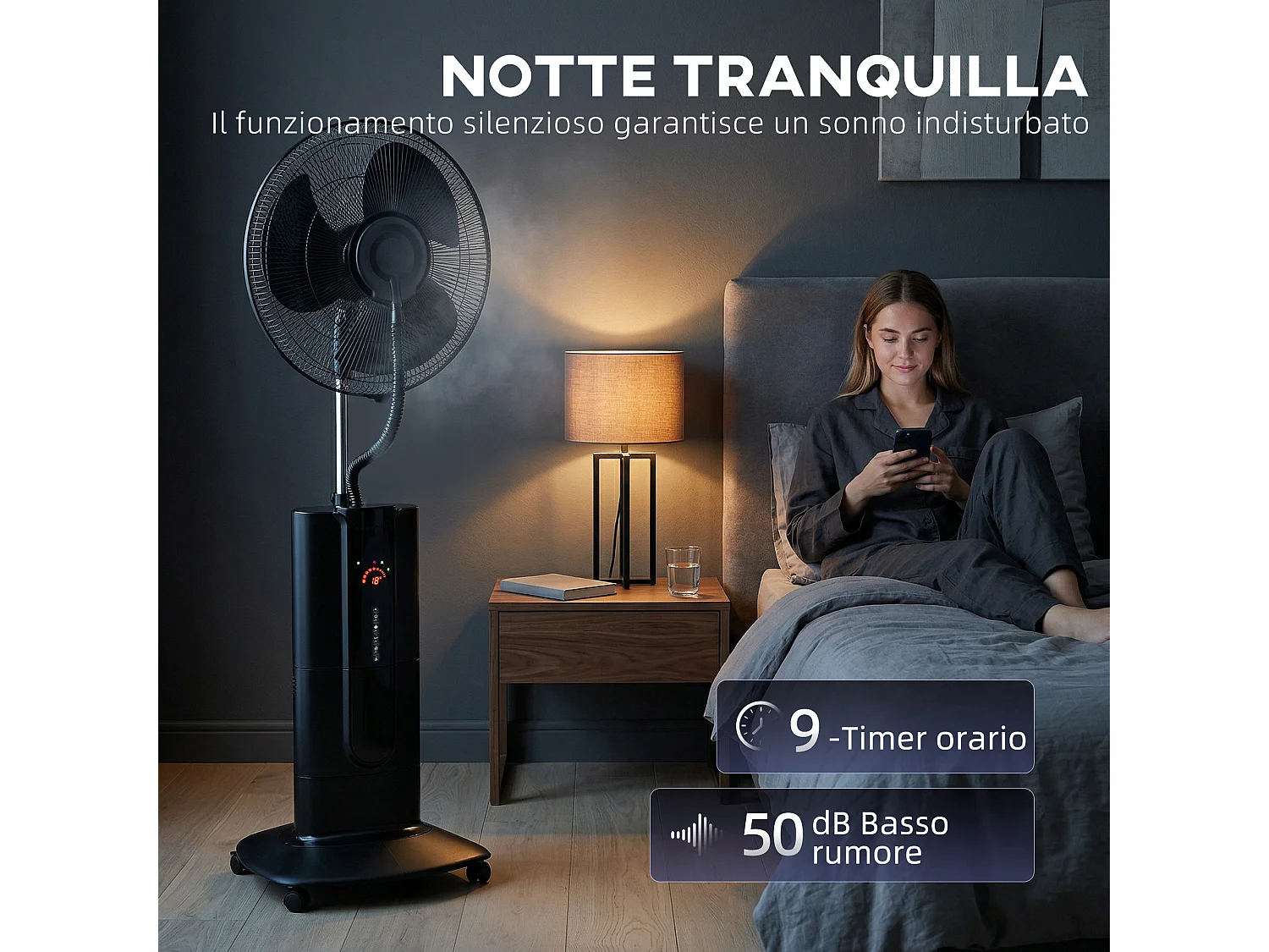 Ventilatore a piantana 3 in 1 oscillante con nebulizzatore d'acqua, telecomando e timer 9h