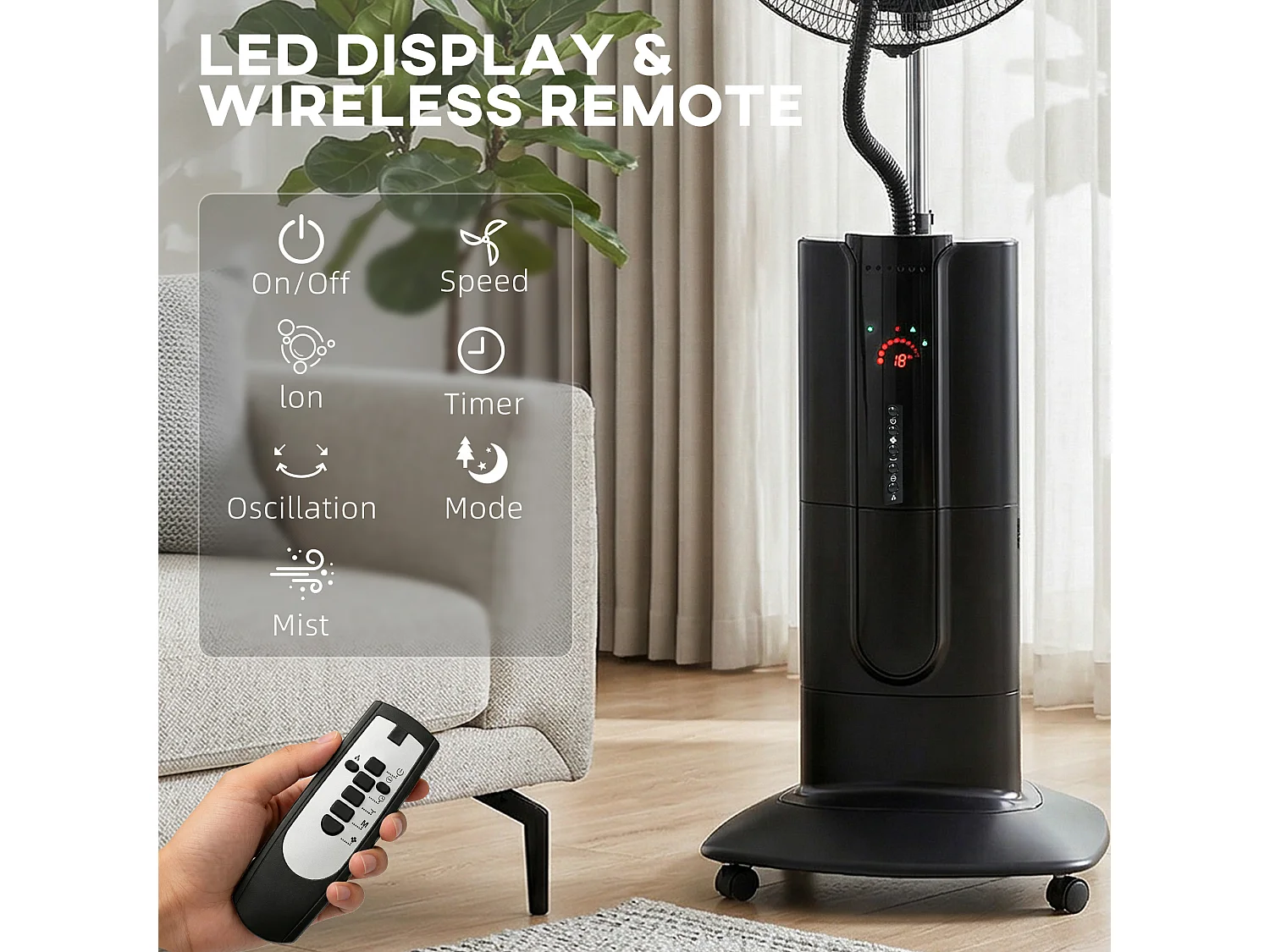 Ventilatore a piantana 3 in 1 oscillante con nebulizzatore d'acqua, telecomando e timer 9h
