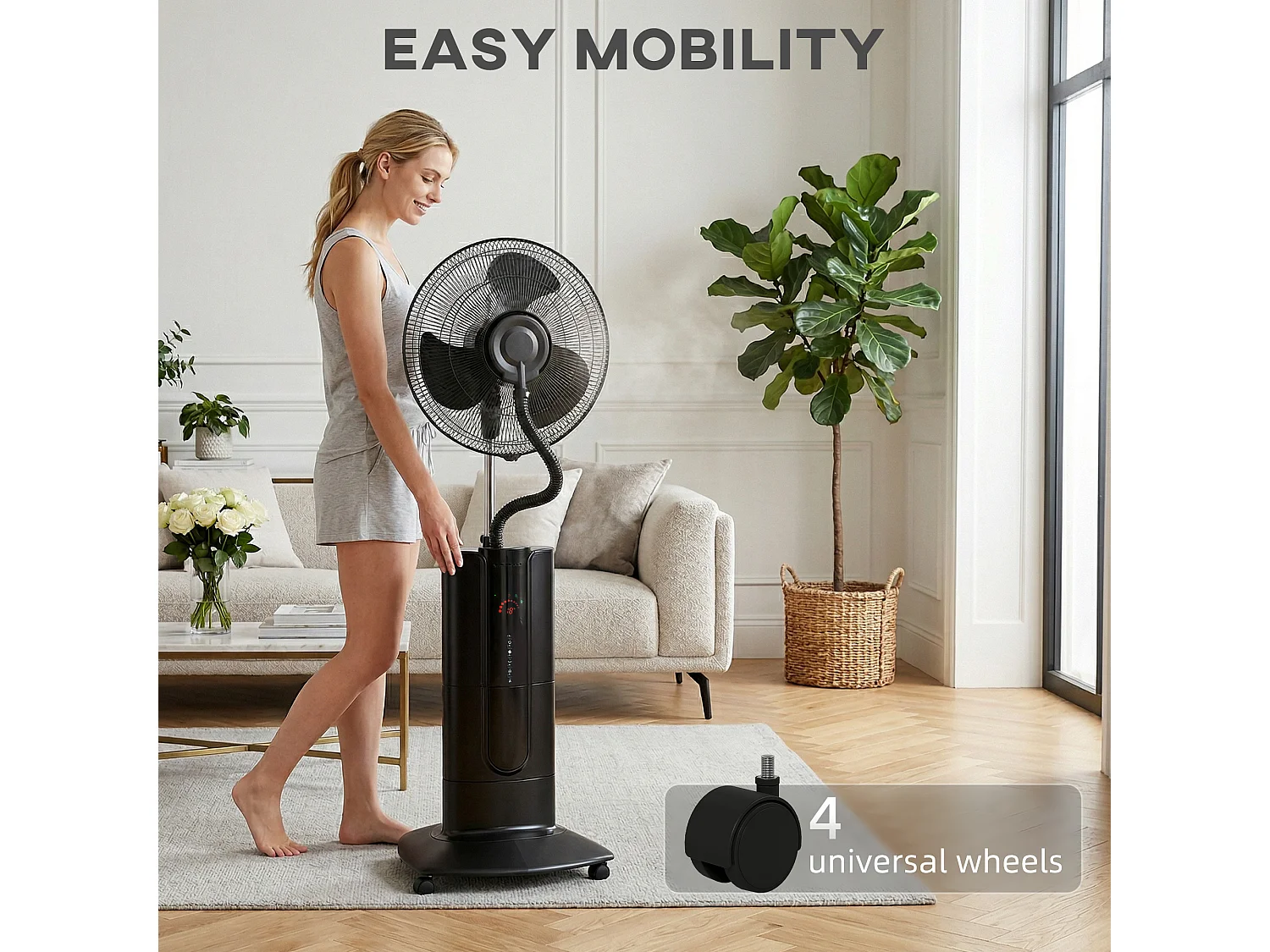 Ventilatore a piantana 3 in 1 oscillante con nebulizzatore d'acqua, telecomando e timer 9h