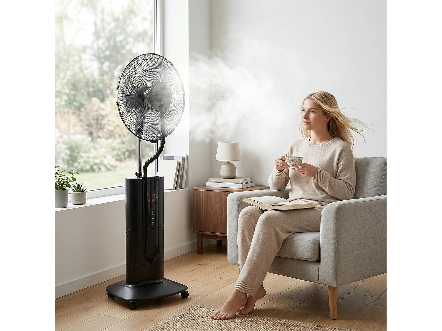 Ventilatore a piantana 3 in 1 oscillante con nebulizzatore d'acqua, telecomando e timer 9h
