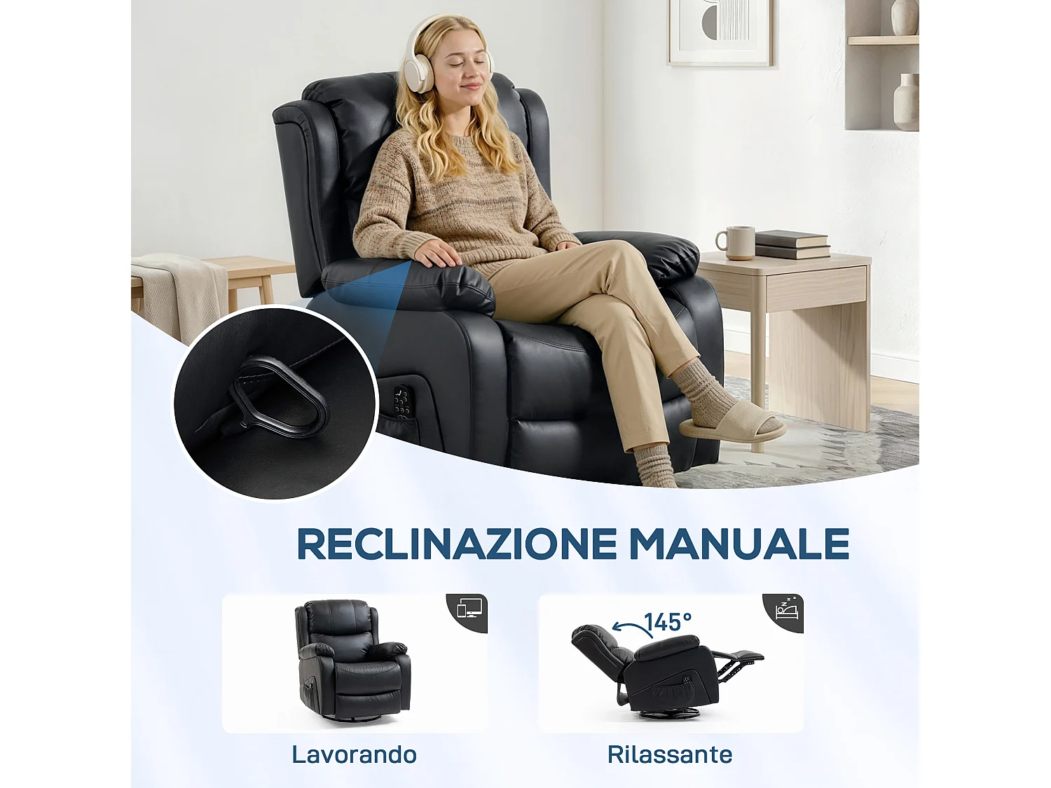 Poltrona relax reclinabile e massaggiante con riscaldamento nero