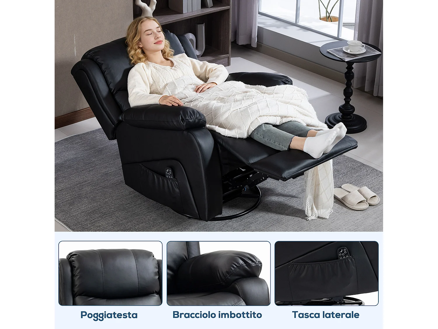 Poltrona relax reclinabile e massaggiante con riscaldamento nero
