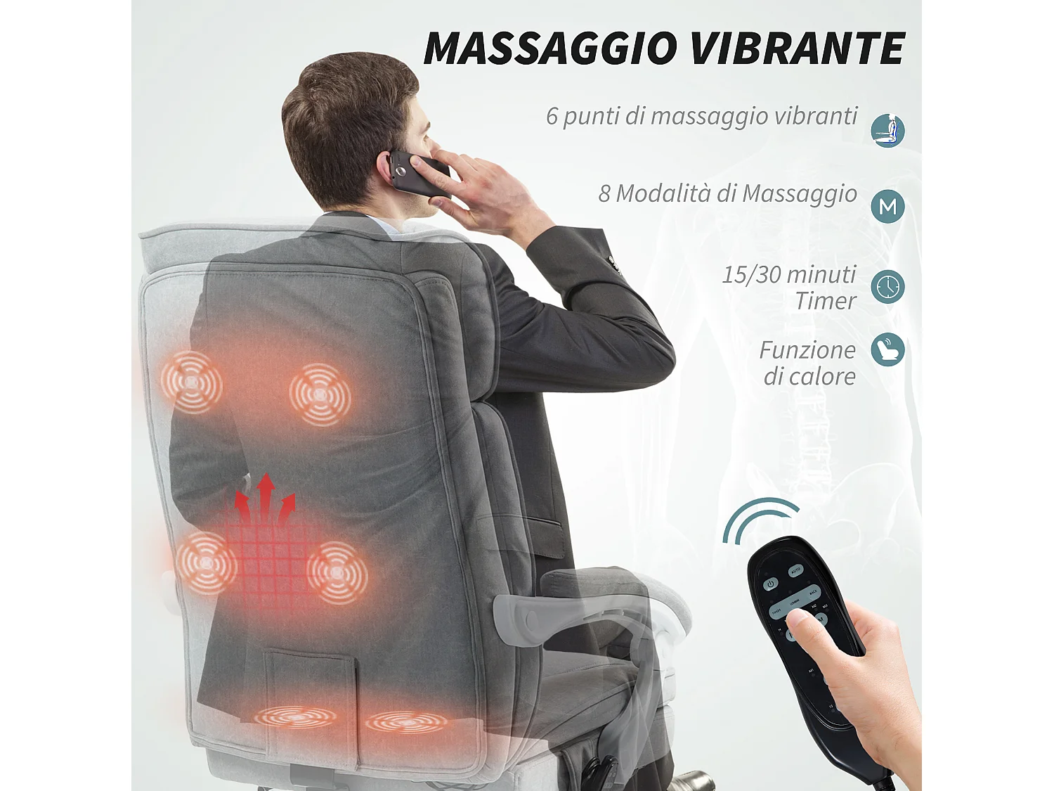 Sedia da ufficio massaggiante girevole in tessuto effetto lino grigio