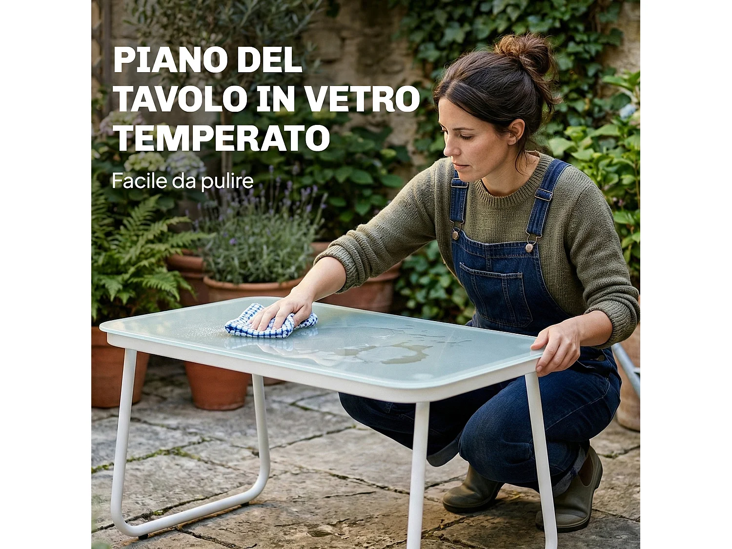 Set da giardino 4 pezzi in vetro temperato khaki e bianco