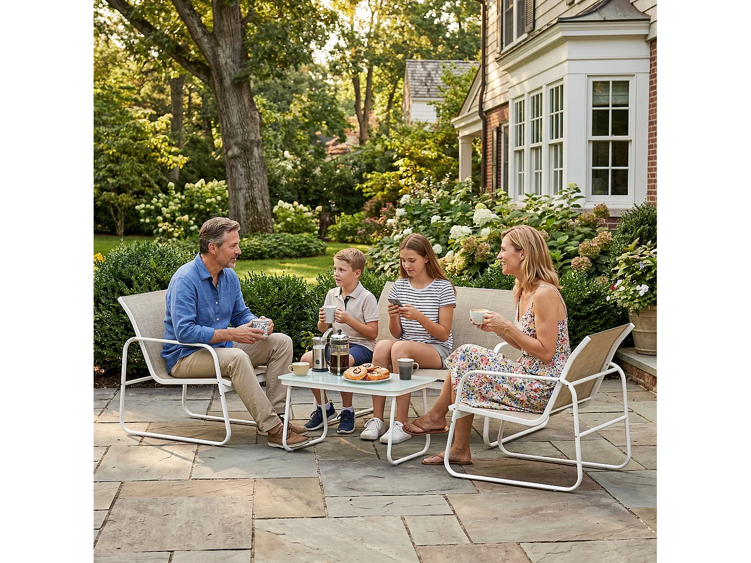 Set da giardino 4 pezzi in vetro temperato khaki e bianco