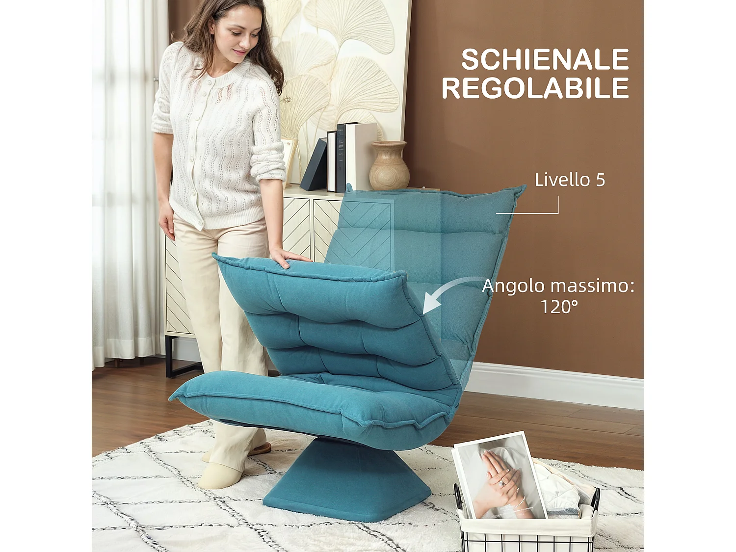 Poltrona relax girevole effetto velluto blu 62x70x95 cm