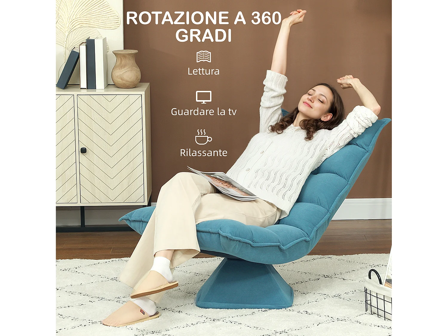 Poltrona relax girevole effetto velluto blu 62x70x95 cm