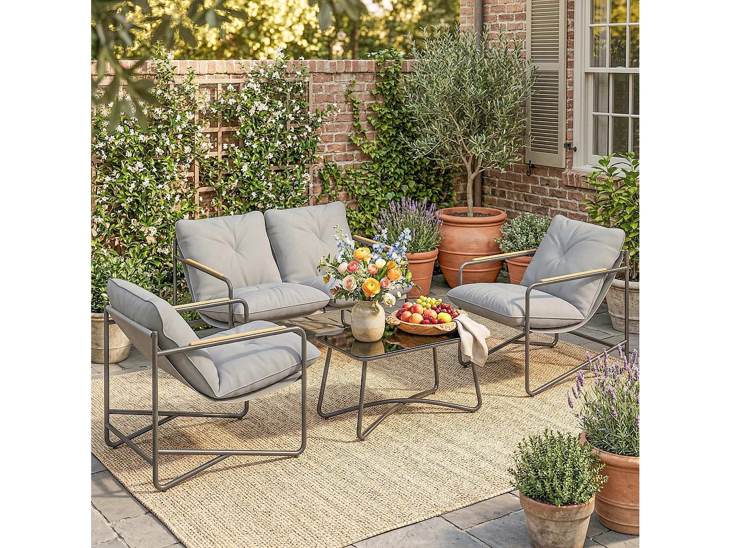 Set da giardino 4 posti con cuscini vetro grigio chiaro