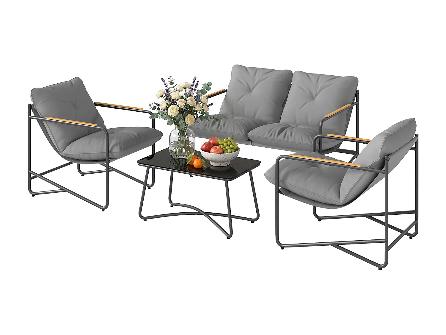 Set da giardino 4 posti con cuscini vetro grigio chiaro