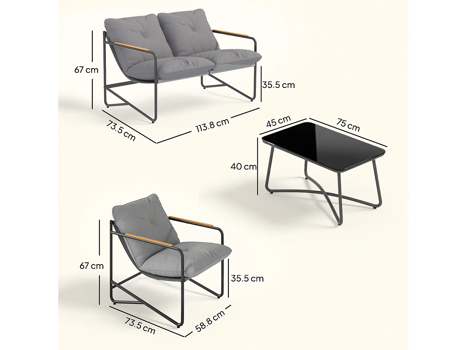 Set da giardino 4 posti con cuscini vetro grigio chiaro