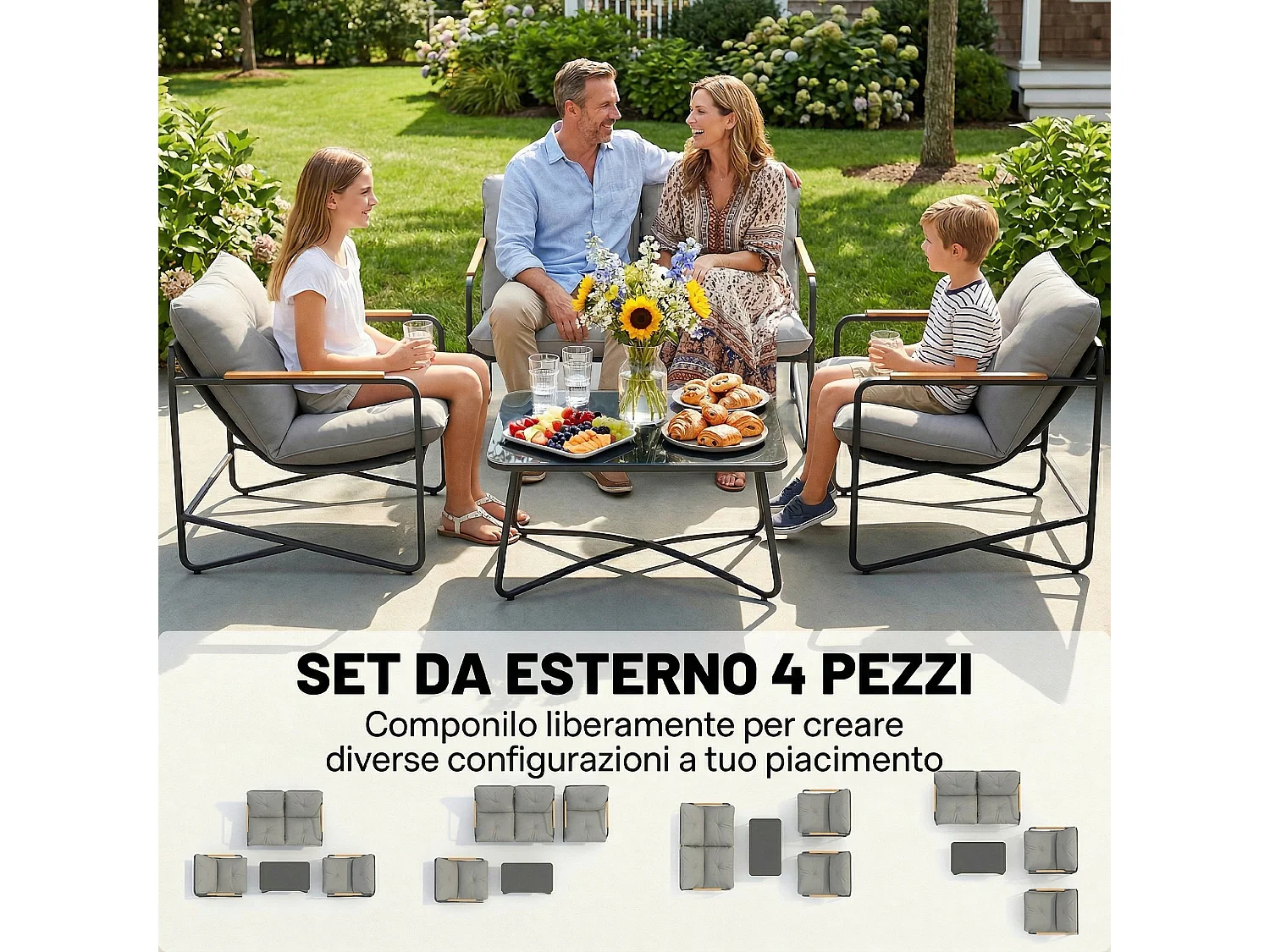 Set da giardino 4 posti con cuscini vetro grigio chiaro